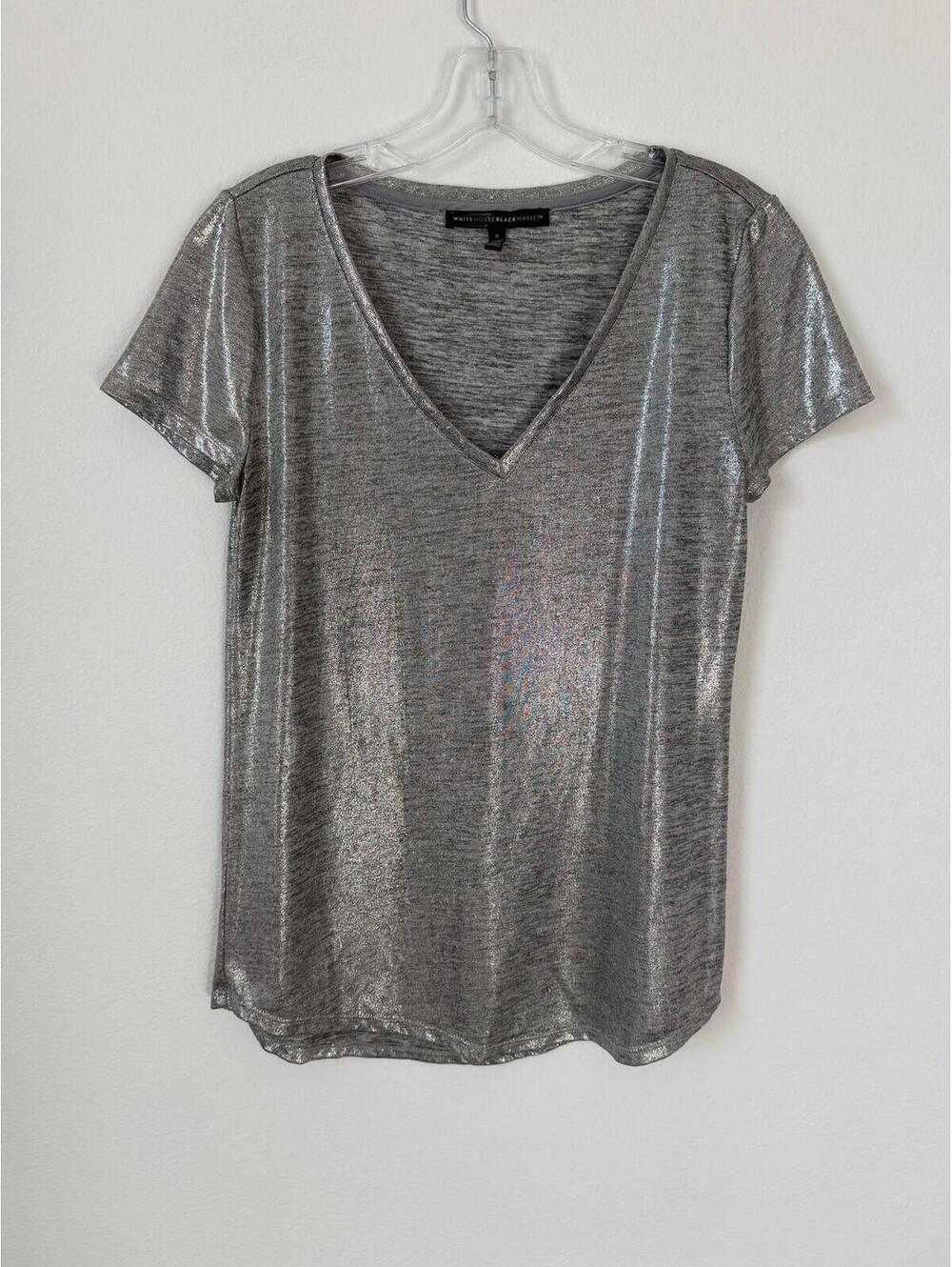 WHBM Gray/Silver Short Sleeve V-Neck Stretch Tee Shirt Women's Size S